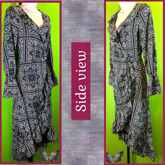 NWT S/M WRAP PRINT DRESS W ADJUSTABLE TIES RUFFLE TRIM ASYM HEM ~WORK-COCKTAILS~ - Picture 5 of 15